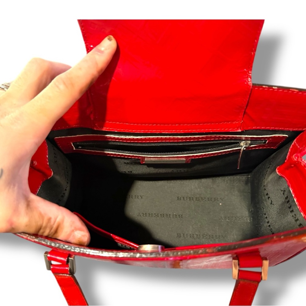 Authentic Burberry Red Patent Leather Embossed Check Design  Tote Bag - Picture 11 of 14